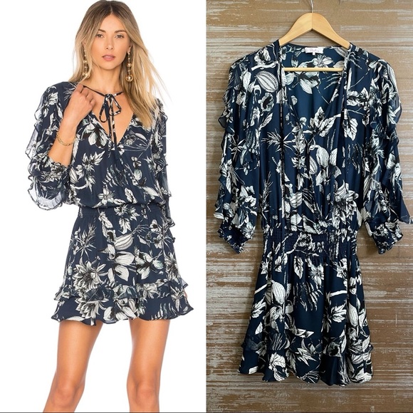 Parker Linette Combo Dress Blue Rooted Floral Silk - Picture 1 of 6